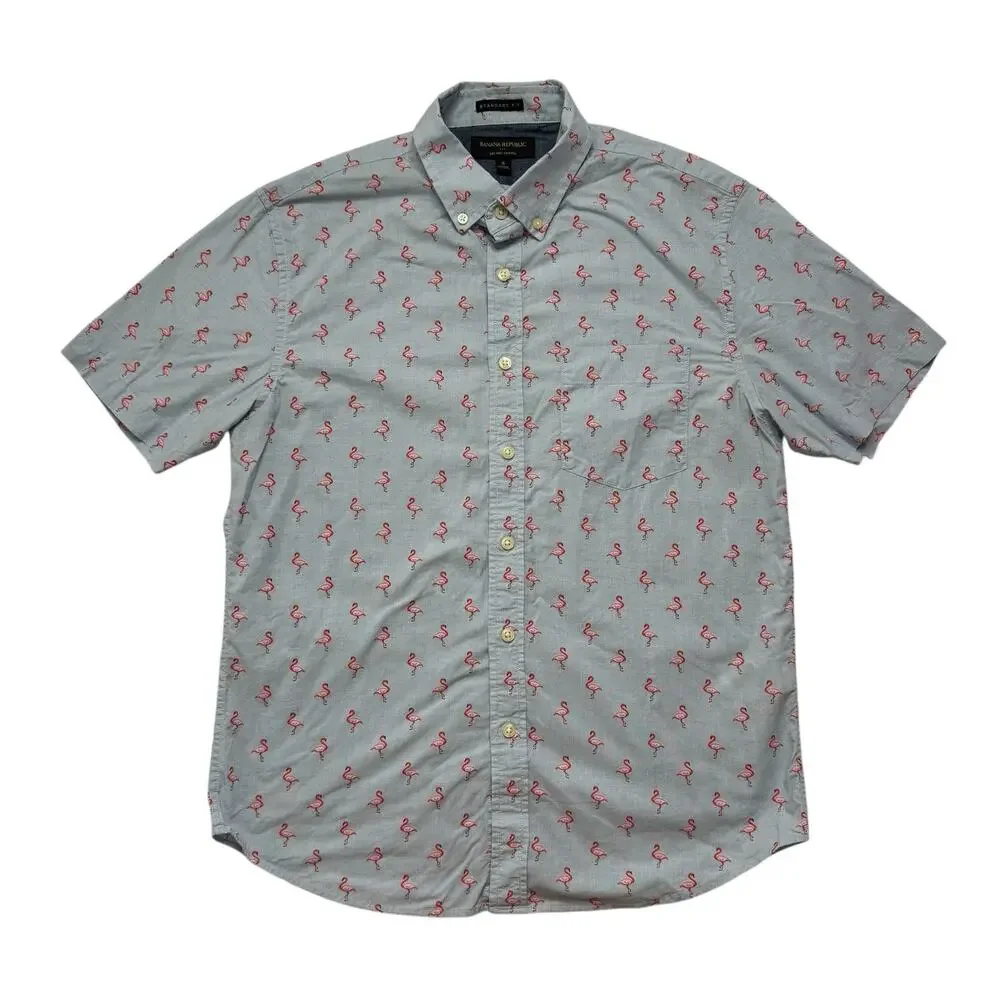 BANANA REPUBLIC Flamingo Print Blue Standard Fit Organic Cotton Shirt Small Mens